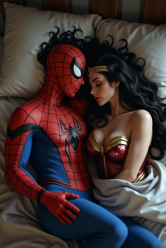 Spiderman with his mask on sleeps topless with Wonder Woman