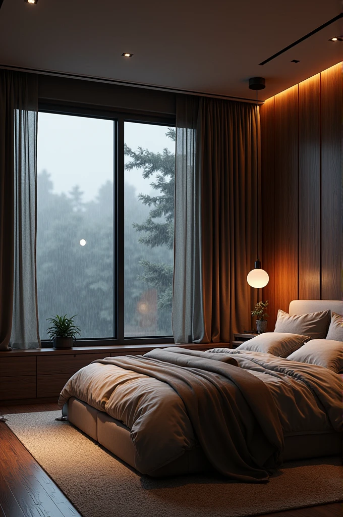 Stylish bedroom with woodgrain interior, moody, rain outside the window. Hyper-realistic, photo-realistic, ultra-detailed, 4K,top quality,masterpiece,stylish interior,big window
