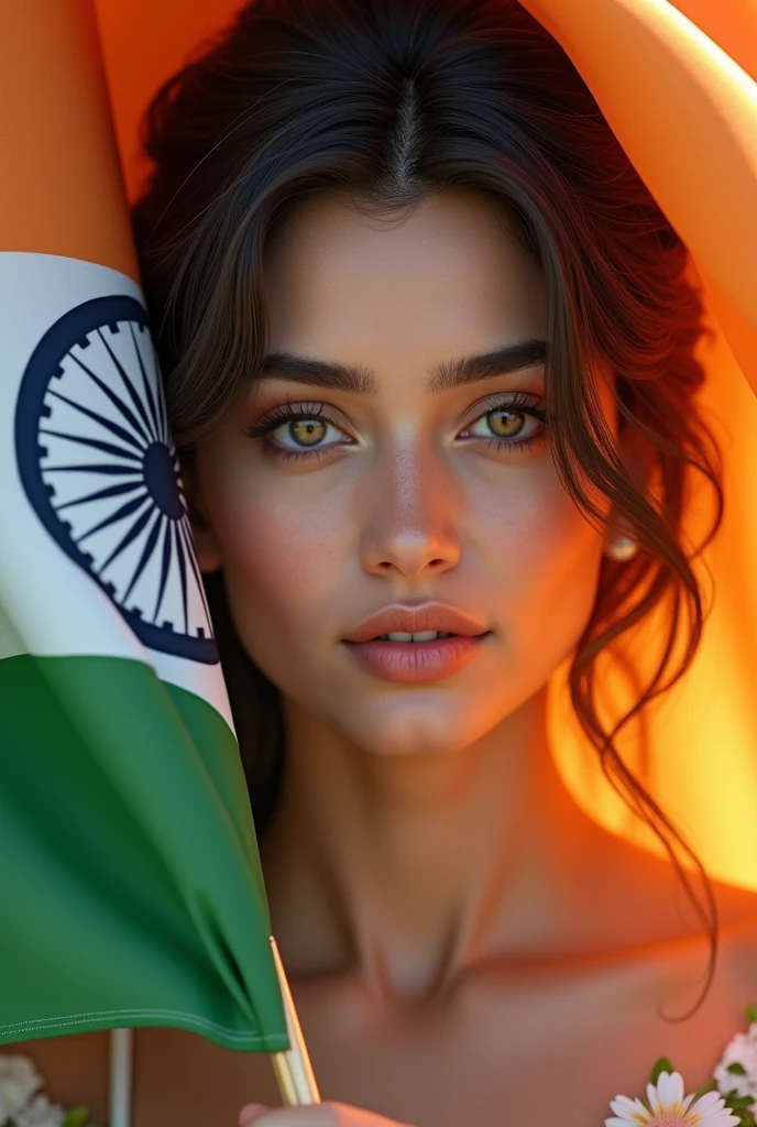 (photorealism:1.2), beautiful woman, flag indian hand and independence day special photo
