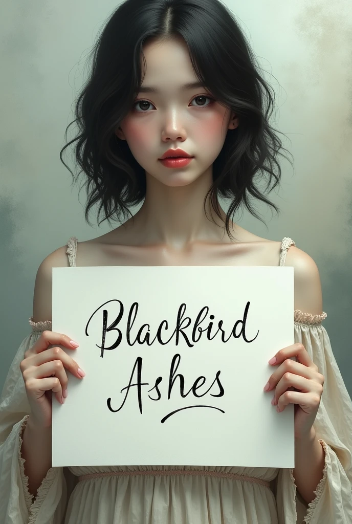 Beautiful girl with wavy long hair, bohemian dress, holding a white board with text "Blackbird Ashes" and showing it to the viewer