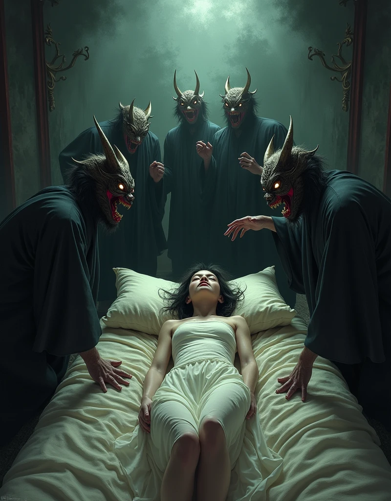 Land of Rakshasa、Japan、Thugs wearing demon masks attack the girl inside the mansion、On the futon、Kimono-like bedding、(A thin, pale-skinned young woman), The merciless demons、Hell on Earth、Dark Clouds、A cruel world where people are no longer people,