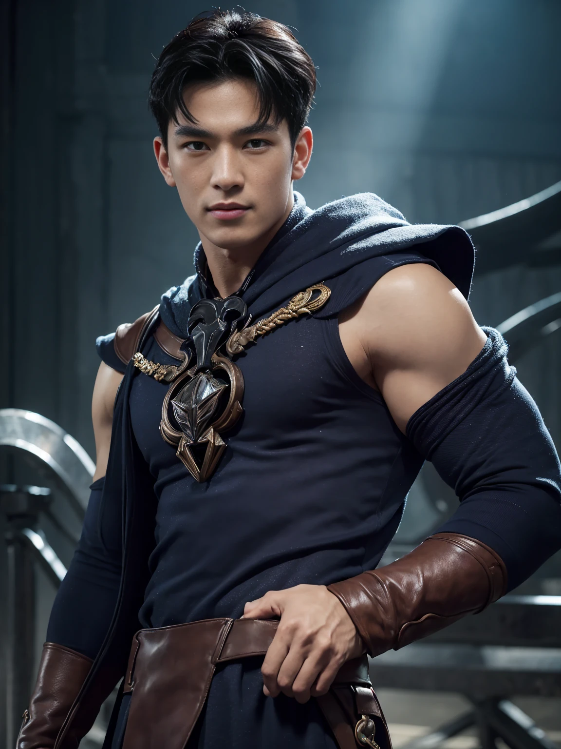 1boy,masterpiece,best quality,ansheng,police_uniform,dungeon,muscular,chain,stretch,
