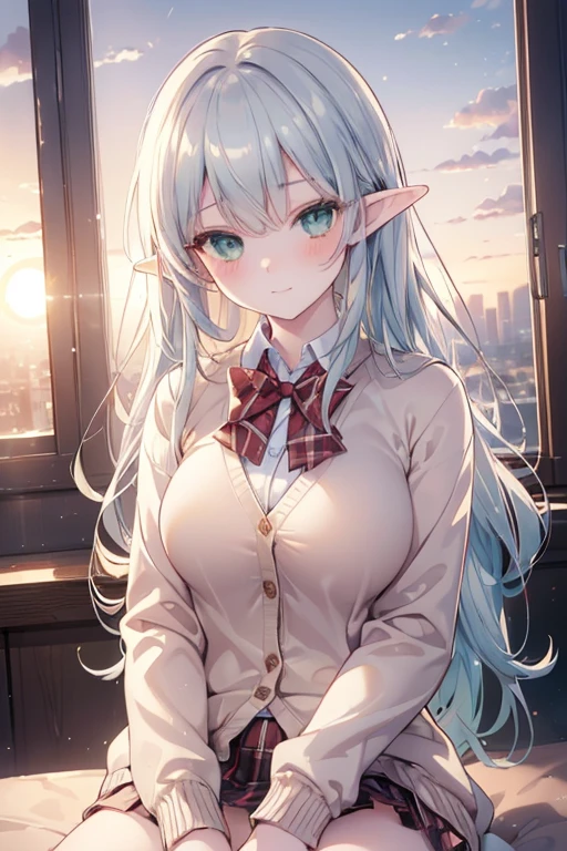 ((masterpiece, best quality, highres, UHD, perfect pixel, depth of field, 4k, RTX, HDR)), 1girl, single, solo, elf, 19 years old, beautiful anime girl, beautiful artstyle, anime character, ((long hair, bangs, silver emerald hair, curly hair)), (green eyes:1.4, rounded eyes, beautiful eyelashes, realistic eyes), (detailed face, blushing:1.2), (smooth texture:0.55, realistic texture:0.65, photorealistic:1.2, cinematic, anime CG style), medium breasts, perfect body, busty, (POV, close up), ((school uniform, cardigan, sweater, jacket, red bowtie, plaid skirt)), (indoor, beside the window), ((side light, natural light, sunrise)), sly smile, leaning forward, looking at viewer
