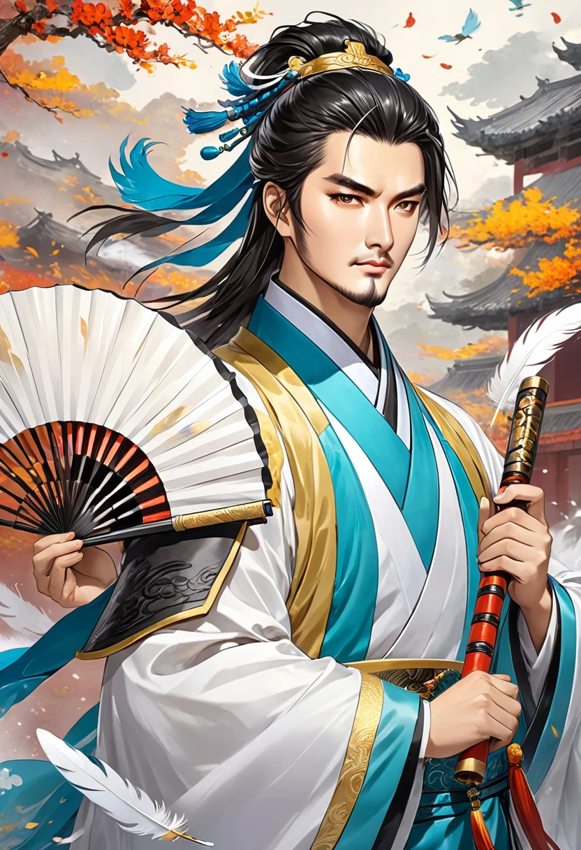 Three Kingdoms Zhuge Liang, young, wind, very smart, Hold a fan in your hand, Fan made of feathers.