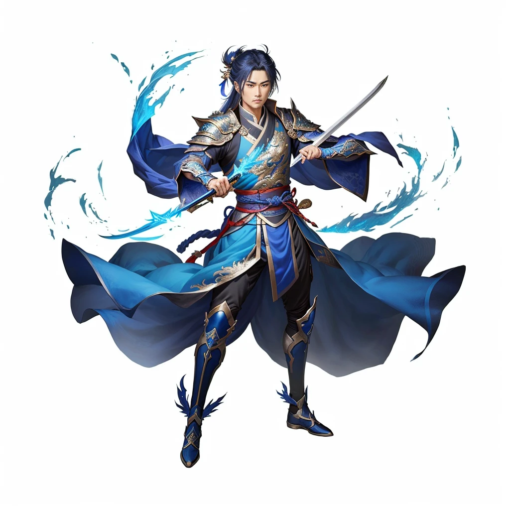 A person wearing blue clothing、man holding sword, heise jinyao, zhao yun, xianxia hero, Inspired by Huang Shen, Full body martial arts, Full body fairy, G Liulian art style, inspired by Guan Daosheng, Inspired by Zhao Yuan, 《Genshin Impact》Keqing, author:Yang J