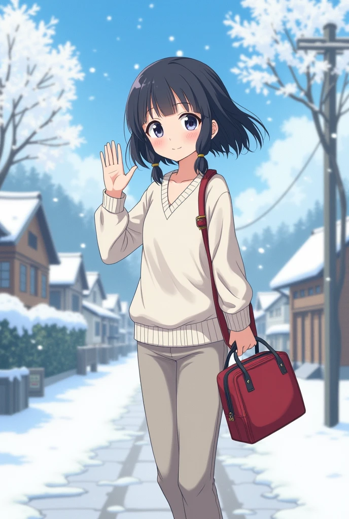 , young, Highest quality, masterpiece, Ultra-high resolution, 8k, white sweater vest, Anime Style Little , single, Ultra-fine line art, Digital Enhancement, Anime Core, Flowing fabric, close, ((Short braids for shoulder-length hair)), Staring at us from the front, Soft Drawing, Beautiful black hair, (((Anime style)), Clear Eyes, Shy, smile, Red School Bag, High five, Ultra High Definition Digital Anime Art, Clear facial depiction, Ultra detailed anime character art, Ultra-detailed manga style, Highest qualityの色, hand, Leg lift angle, Snow Scene, Japanese countryside