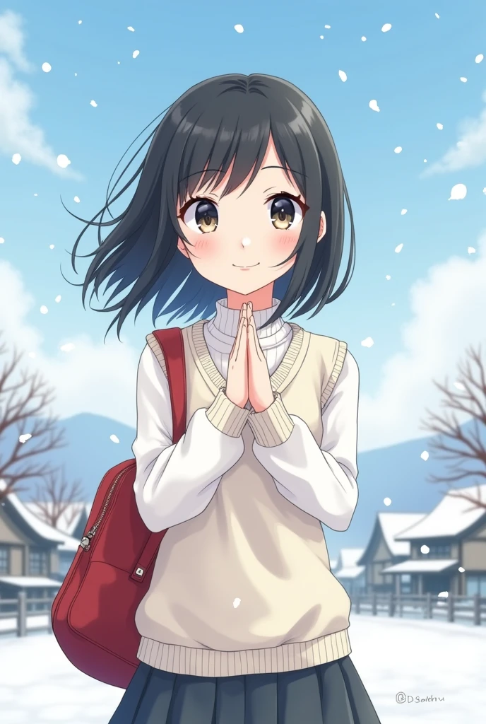 , young, Highest quality, masterpiece, Ultra-high resolution, 8k, white sweater vest, Anime Style Little , single, Ultra-fine line art, Digital Enhancement, Anime Core, Flowing fabric, close, ((Short braids for shoulder-length hair)), Staring at us from the front, Soft Drawing, Beautiful black hair, (((Anime style)), Clear Eyes, Shy, smile, Red School Bag, High five, Ultra High Definition Digital Anime Art, Clear facial depiction, Ultra detailed anime character art, Ultra-detailed manga style, Highest qualityの色, hand, Leg lift angle, Snow Scene, Japanese countryside