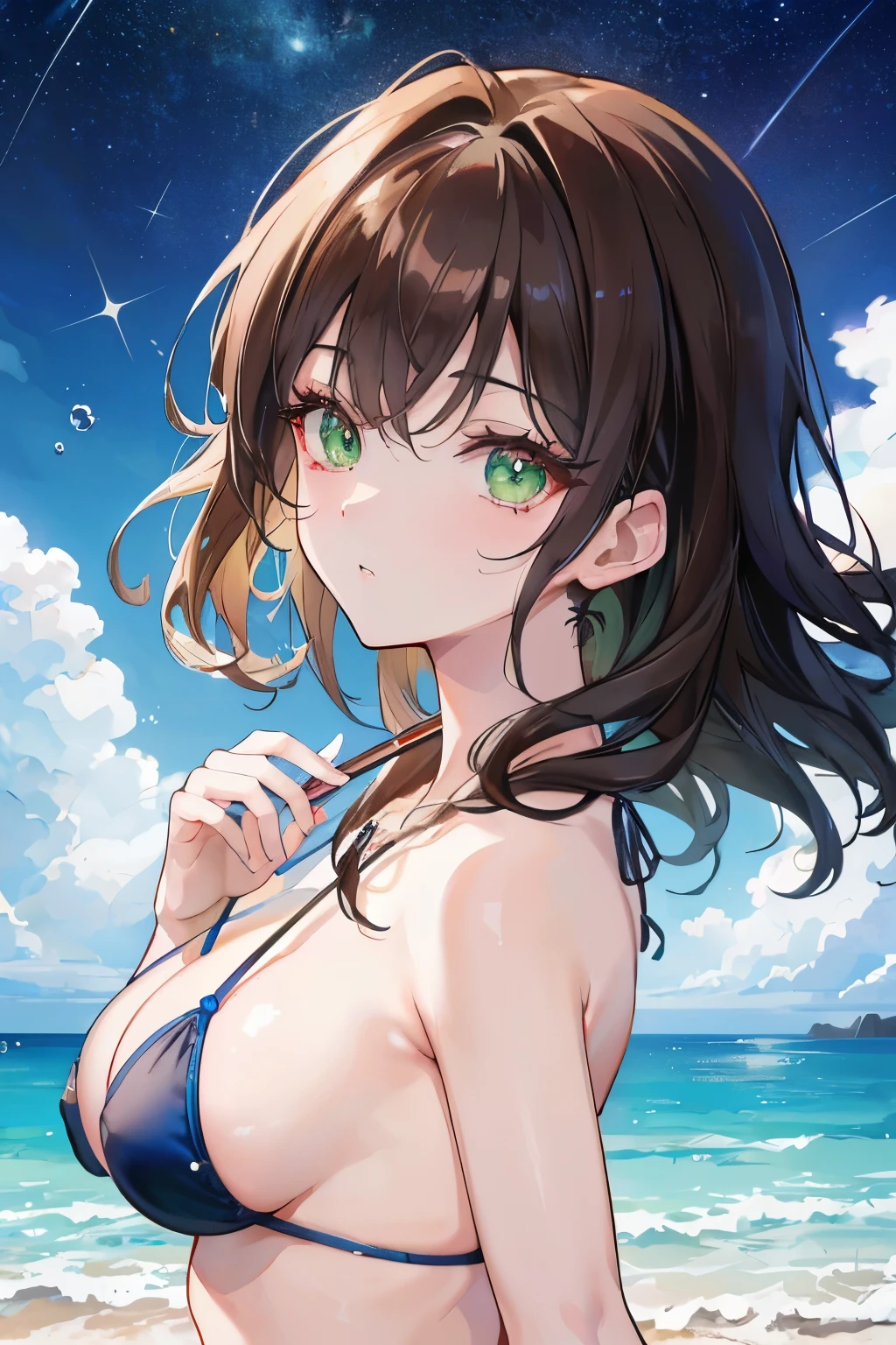 ((masterpiece, Highest quality, High resolution, 超High resolution, Pixel perfect, Written boundary depth, 4K, RTTX 10.0, High resolution))), 1 person, single, alone, Beautiful Anime, Beautiful art style, Anime characters, ((Shortcuts, bangs, Dark brown hair)), ((Green Eyes:1.4, Round eyes, Beautiful eyelashes, current eyes)), ((Smooth texture:0.75, Anime CG style)), ((Dynamic Angle, close)), Perfect body, (cute), Normal chest, whole body, ((4K, 8k, Highest quality, Perfect Fingers: 1.3, Perfect Anatomy: 1.3, Background Blur)), whole bodyアングル, 1 female, Curly Hair, Glowing Skin, Micro Bikini, break, Ocean, Beach, Water Drop, bubble, night, Starry Sky, shooting star, milky way