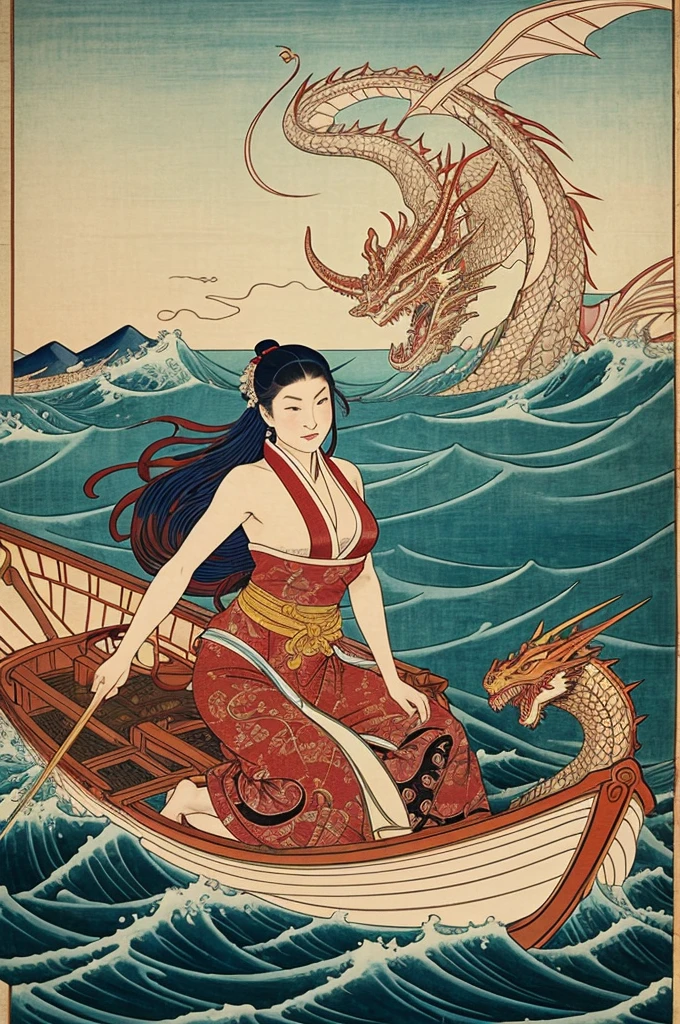 there is a picture of a woman riding a boat with a dragon, an ultrafine detailed painting inspired by Tsukioka Yoshitoshi, tumblr, ukiyo-e, chinese mythology, akira from chinese mythology, michael kaluta, michael kaluta and jia ruan, botticelli and victo ngai, diego rivera in ukiyo-e style