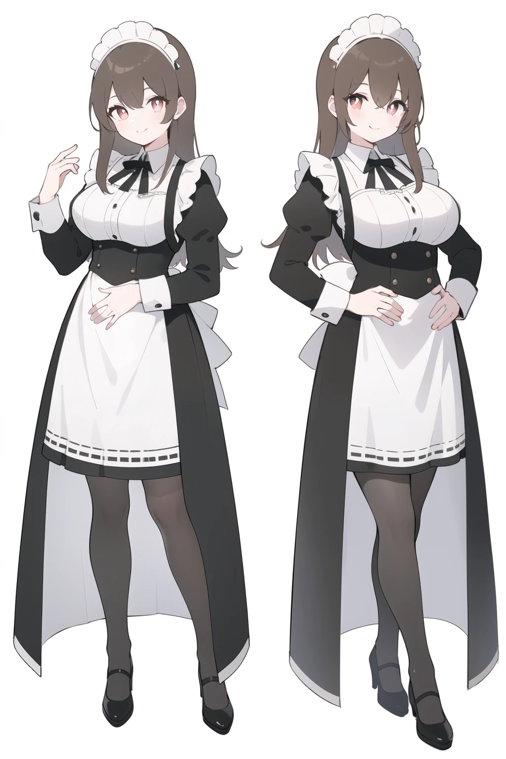 (best quality), (masterpiece), (Detailed lighting),(Extremely refined), (White background:1.4), 1 girl,about，Full body standing，Wearing a maid outfit, Brown pupils，Brown long hair，Big breasts，Stand up straight，Place your hands on your belly，Smiling，full-body shot，Correct anatomy