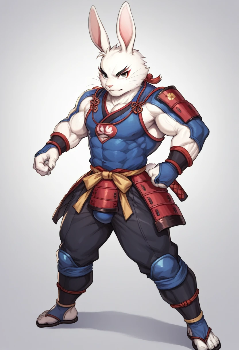 a anthropomorphic furry white rabbit buff,muscular man wearing a ninja suit ,miyamoto usagi,usagi yojimbo,thick,bunny,blue kimono,black pants,90’s style. He’sandrogynous,equipped with some weapons and a sensual , cool expression,full body.The scene has a cool,sweet,sexual,samurai style and a vibrant tone.Feodal setting in the background