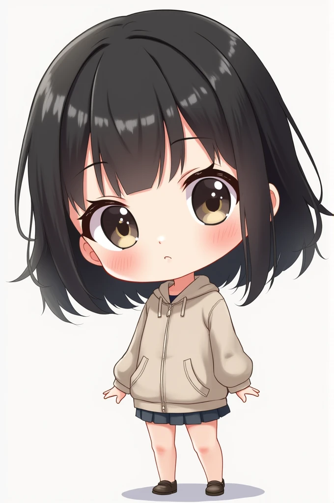 Chibi Character。black hair, shoulder-length, black。21 years old。Baby Face。round face。