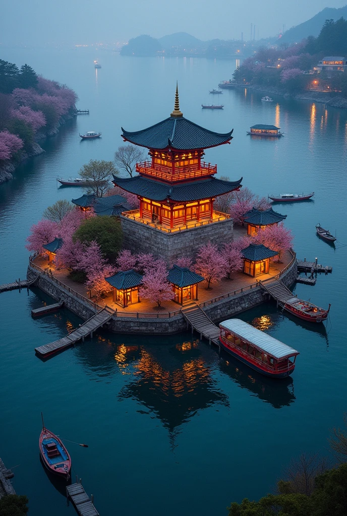 pagoda epic scale surrounded by shops asian chinese Japanese style in the ocean island surrounded by merchant boats docked, island with cherry blossom, night time, festive aerial shot many boats island surrounded by eight wooden docks, island central point