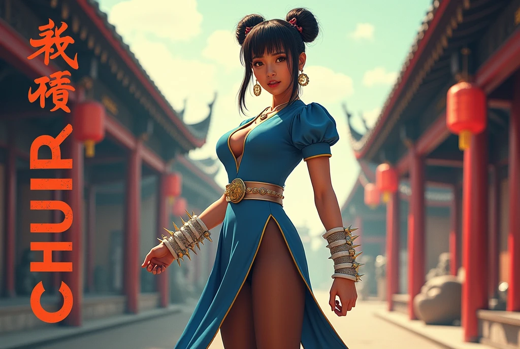 A movie poster depicting a female fighter (Chun-Li) wearing blue dress, (pelvic curtain, brown pantyhose, china dress), white cross-laced boots, bracelet, gold trim, jewelry, puffy sleeves, sash, short sleeves, side slit, spiked bracelet, spikes, double bun, hair accessories, cleavage, backround, in a folkloric chinese street, with the words "Street Fighter" written in large letters on the left side, style by Urushihara Satoshi, view from below