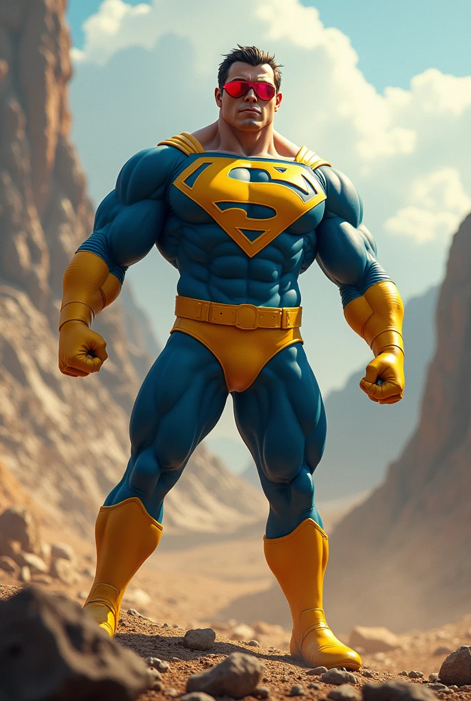 a giant X logo on costume,blue and yellow color scheme,highly detailed,realistic,cinematic lighting,epic dramatic posea male hero wearing red visor, muscular build, blue and yellow costume spandex, in heroic pose, highly detailed face and body, cinematic lighting, dramatic action scene, epic sci-fi landscape, digital art, concept art style, vibrant colors, (best quality,4k,8k,highres,masterpiece:1.2),ultra-detailed,(realistic,photorealistic,photo-realistic:1.37)flawless rendering,8k,award winning digital art