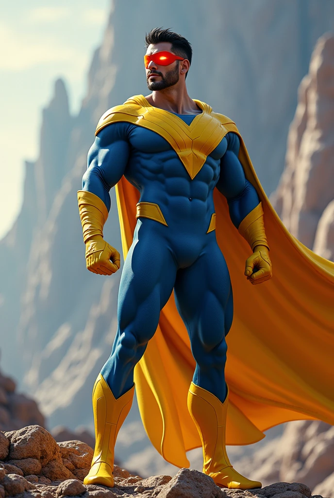 a giant X logo on costume,blue and yellow color scheme,highly detailed,realistic,cinematic lighting,epic dramatic posea male hero wearing red visor, muscular build, blue and yellow costume spandex, in heroic pose, highly detailed face and body, cinematic lighting, dramatic action scene, epic sci-fi landscape, digital art, concept art style, vibrant colors, (best quality,4k,8k,highres,masterpiece:1.2),ultra-detailed,(realistic,photorealistic,photo-realistic:1.37)flawless rendering,8k,award winning digital art
