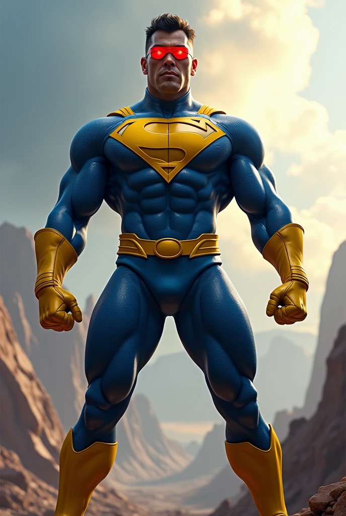 a giant X logo on costume,blue and yellow color scheme,highly detailed,realistic,cinematic lighting,epic dramatic posea male hero wearing red visor, muscular build, blue and yellow costume spandex, in heroic pose, highly detailed face and body, cinematic lighting, dramatic action scene, epic sci-fi landscape, digital art, concept art style, vibrant colors, (best quality,4k,8k,highres,masterpiece:1.2),ultra-detailed,(realistic,photorealistic,photo-realistic:1.37)flawless rendering,8k,award winning digital art