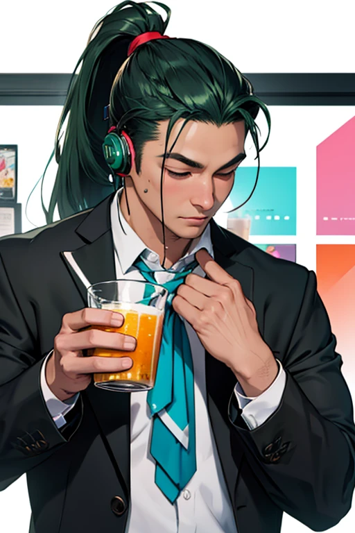 solo、White neckerchief around the neck、Man wearing headphones、Black suit、Green Haired Man、ponytail、juice、Kiss the cup、