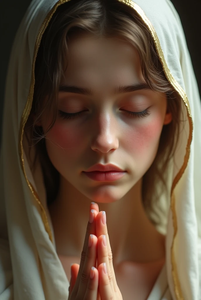 Beautiful 20-year-old Virgin Mary blushing、She has her eyes closed, her lips pursed as if kissing, and is sticking them out towards me.