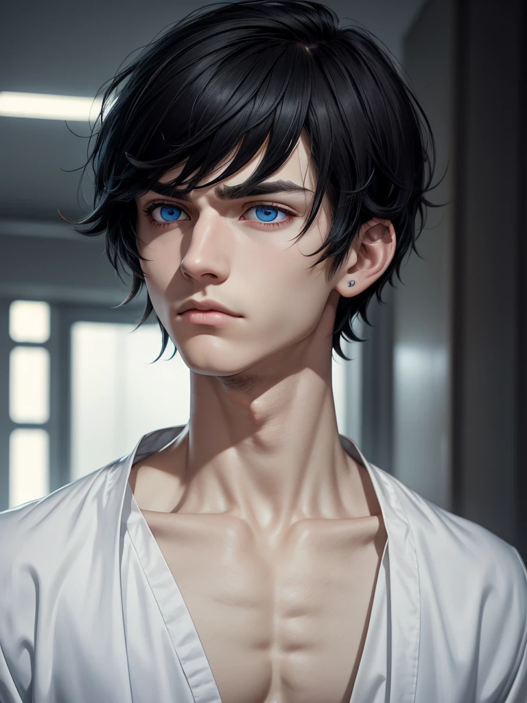 (best quality), 1boy, male, pale skin, black hair, short hair, tousled hair, messy bangs, bangs over eyes, blue eyes, perfect eyes, dark circles under eyes, frown, attractive, hospital gown, black earstuds, skinny body, masterpiece, anatomically correct, highres
