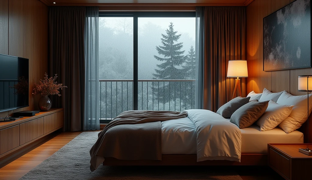Stylish bedroom with woodgrain interior, moody, rain outside the window. Hyper-realistic, photo-realistic, ultra-detailed, 4K,top quality,masterpiece,stylish interior,big window