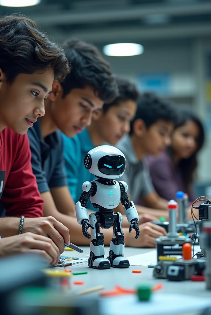 Create a amazing image where indian students learning about iot and robotics and also working on it make image realistic ,place small human robot infront of them make clear and realistic image don't blur