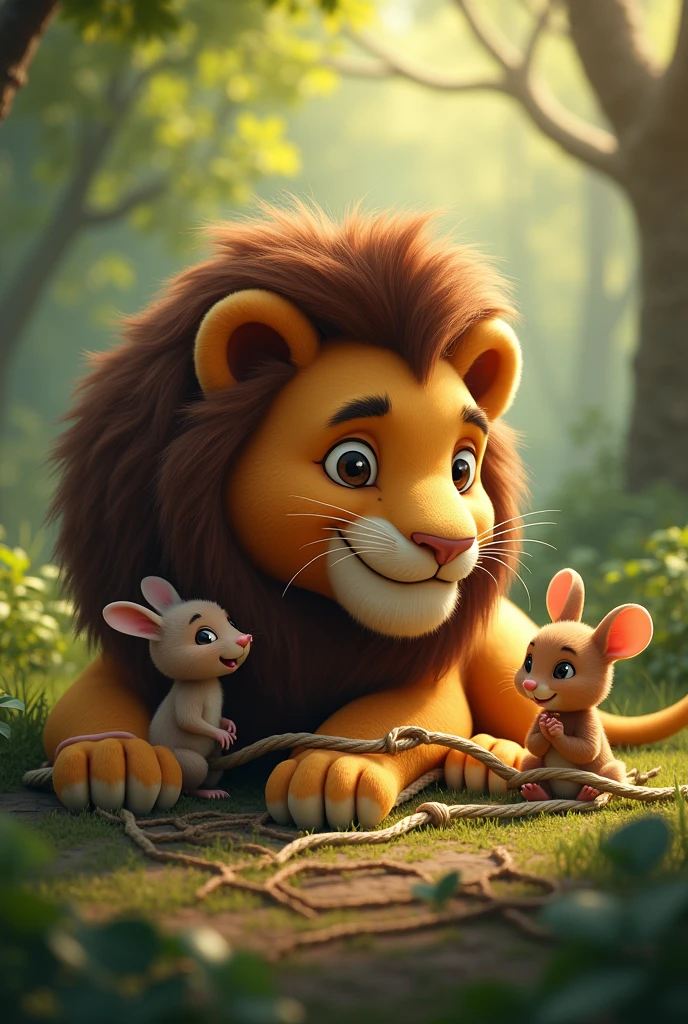 "In a dense forest, a lion, mouse, and rabbit are sitting together as friends. The lion is resting while the mouse plays with the lion's mane, and the rabbit sits near the lion's paws. Nearby, a hunter's trap is set, with the lion caught in it. The mouse is seen biting through the net to free the lion, and the rabbit is helping. The scene captures the moment of teamwork and friendship among the three animals."