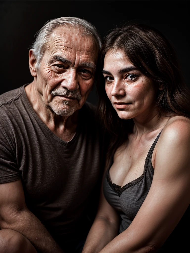 A double portrait, unfinished sketch in the style of Jan Matejko, showing a seated mature strong man accompanied by a young woman. The dark background gives the impression that their faces are emerging from the darkness. His face is that of a strong and determined man, with streaks of gray appearing in his thick hair and beard. Bushy, thick eyebrows cast a shadow on the eyes, which radiate vitality and energy. The wrinkled skin of his face gives him an expression of life experience. Her face is a contrast. She is delicate and her beautiful brown eyes look at the old man with love and respect.
Negative prompt