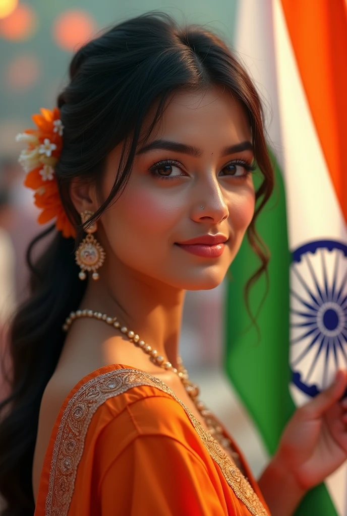 (photorealism:1.2), beautiful woman, flag indian hand and independence day special photo