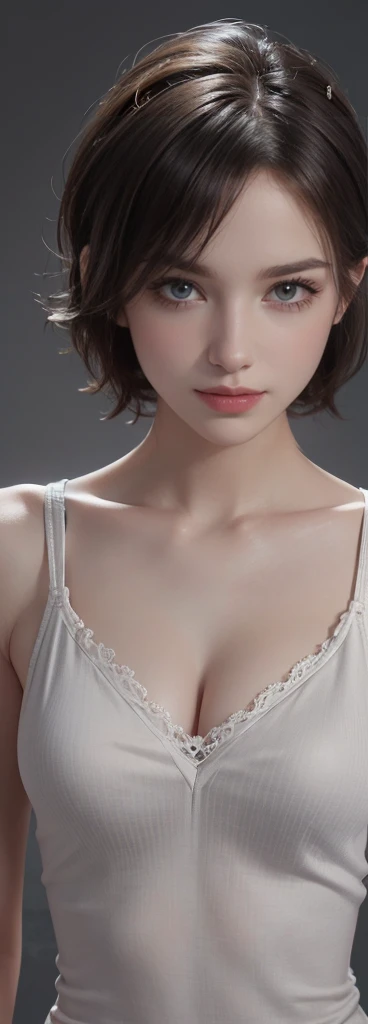 (Tabletop, Highest quality, Realistic, High resolution, photograph, :1.3), Extremely close up shot, Sharp focus, Sexy European 30 year old mature、No makeup、Small face、 Hot Model, abdomen, Highly detailed eyes and pupils, Realistic skin, Slim figure, Same as, Cleavage, Very fine hair, Delicate and sexy face, Sensory Gas, Glossy Lips, ((Wearing a black tank top)), ((Realistic《Concept Art》。Virtual Character Design:Cardiologist,hypnotist,Broadcast host,woman,20-year-old,White shorthair,Fluffy hair,Exquisite facial features,Beautiful Makeup,Skin Details,smile。((Ultra-realisticなディテール)), illumination, Shadow and Light, Octane Rendering, 8k, Ultra Sharp,Metal,Complex, Accessory Details,, Ultra-realistic, realism, Realistic details))、Short Hair、Dark brown hair、Bust B cup、Small breasts、Full nudity、Light Gray Background、