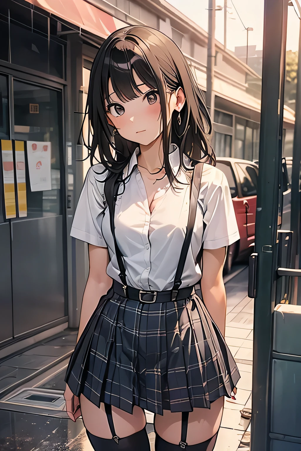 1 female, , high quality, masterpiece, Ultra-high resolution, Cinema Lighting, 1 female, , high quality, masterpiece, Ultra-high resolution, , Cinema Lighting, suspenders　　　Moderate breasts　 　 　　　　　 　　　　Small face　 　　　　　　　　　　　Looking up　　　　Sweat 　　　Thin belt　buzzer　脇Sweat 　　　　 　garter belt　　Belt on pants　　holster　 　　Hands behind your back　 　Looking up　Anxious face　Knee-high　Knee socks　Knee-highソックス 　garter　ふとももにgarter belt　Checkered mini skirt　 　　Panty shot　Skirt gap Armament　　　holster　holster 　　Hands behind your back　 Anxious expression　　Anxious face, legs apart　Armament　　Leg Holster　holster　See-through clothing　heavy rain　Rain-soaked dress shirt,Moderate breasts　ガーターbelt　suspenders　Garter on the thigh　Checkered mini skirt　Looking up　Pause　belt　Armpit sweat　Hands behind back　Raise your hands