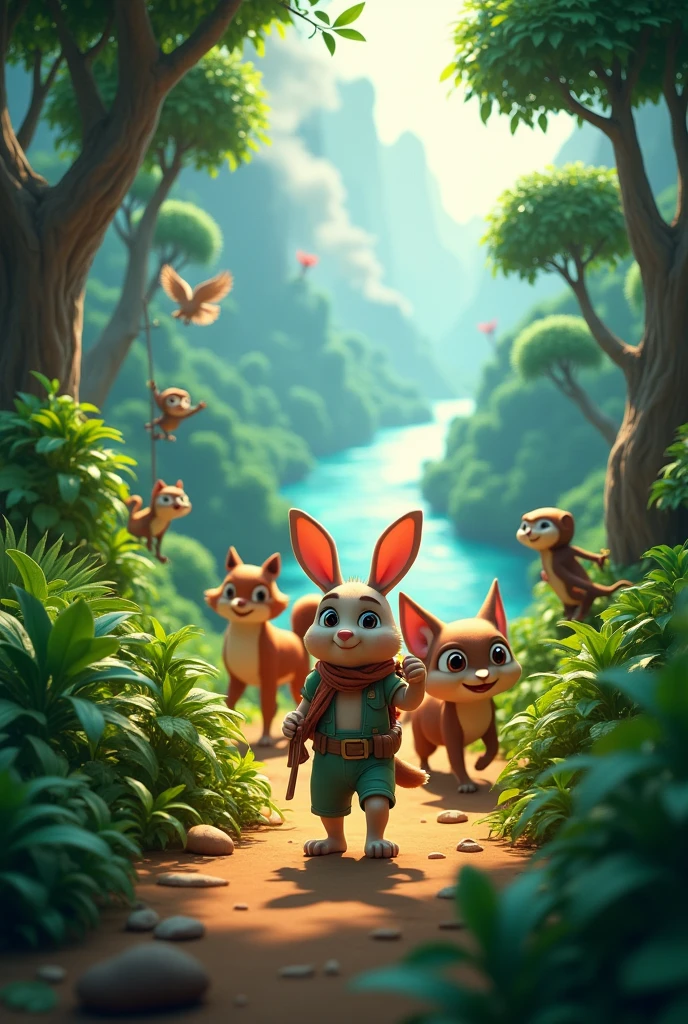 Need 3d animation style "
**Journey to the River**: Show the animals traveling through the jungle towards the river. The rabbit leads the way, followed by the fox, who is guiding other animals. The owl flies above them, and the monkey swings from tree to tree. The river should be visible in the distance, with smoke from the fire behind them.