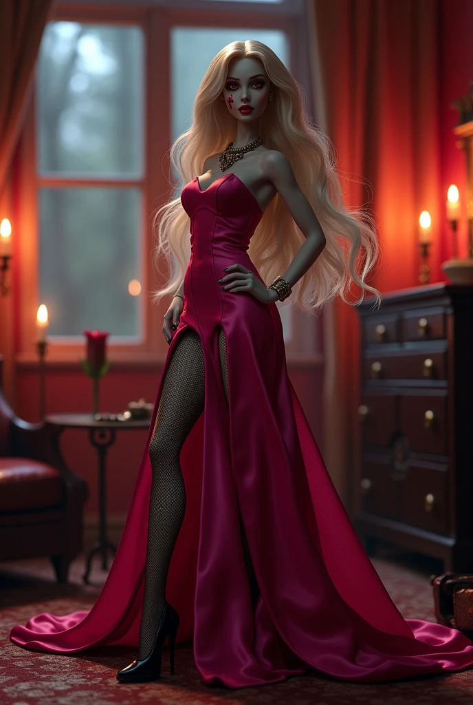 Fantasy art, RPG art, Dark fantasy art,  picture of extremely 1beautiful Barbie vampire, Barbie mistress of death, she has long hair, flowing hair, wavy hair, blond hair, pale grey skin, red eyes, (stains of blood on face: 1.2), she wears dark pink dress, silk dress, she wears stockings, high heels, Barbie dollhouse backgrond, dynamic position, (full body: 1.2) dim candles light, dark fantasy art, gothic art, dynamic angle, best details, best quality, 16K, [ultra detailed], masterpiece, best quality, (ultra detailed), full body, ultra wide shot, photorealistic, 3D rendering, NeroV2