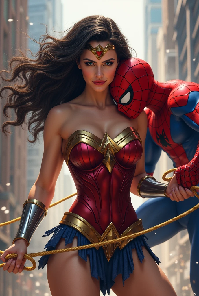 Wonder woman with her bikini showing her using bikini to spiderman