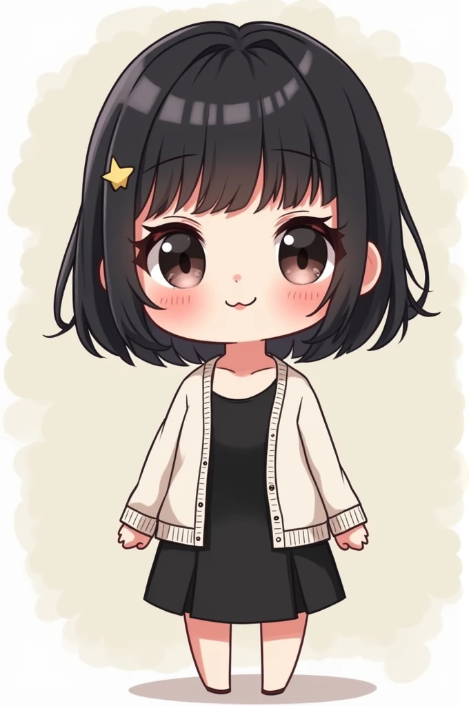 Chibi Character。Her black hair is half-up and reaches just below the collarbone。A slightly mature atmosphere。21 years old。。round face。Dressed in a black one-piece、Wearing a white cardigan。