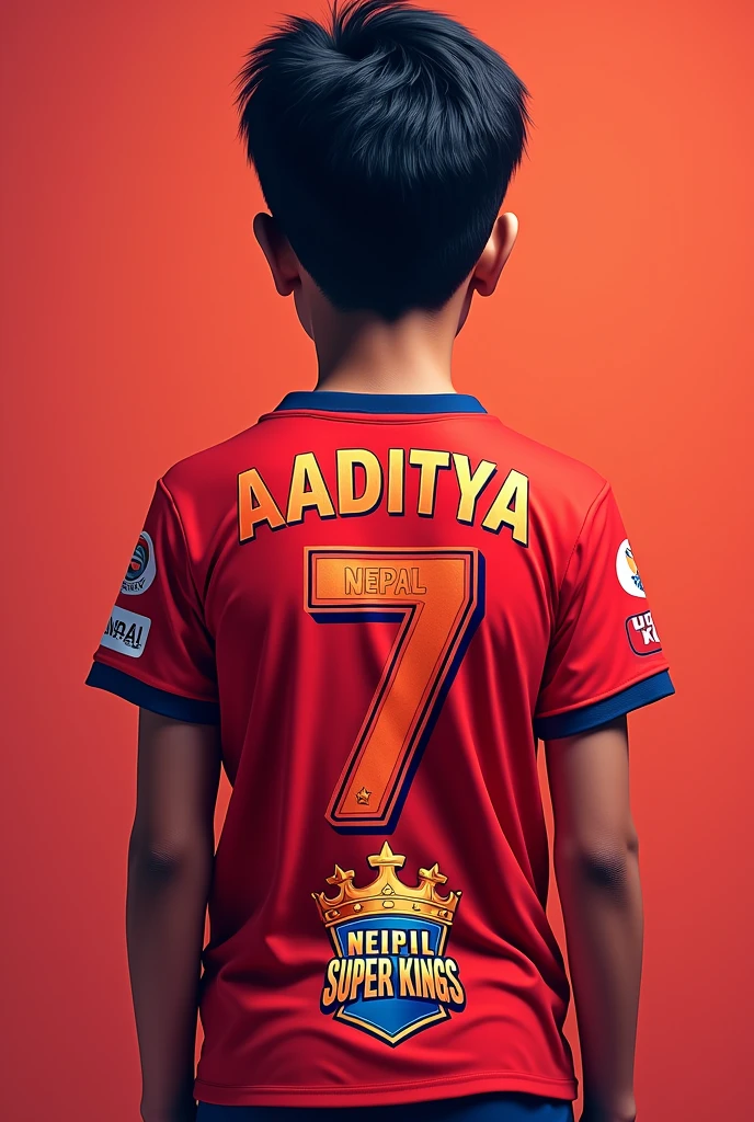 A boy of 15 years old written in back side of t shirt written name Aaditya and down side written 7 number and up side written nepal and made one logo of csk
Back side of t shirt written in t shirt of back side in red t shirt and on up side written nepal in 3d