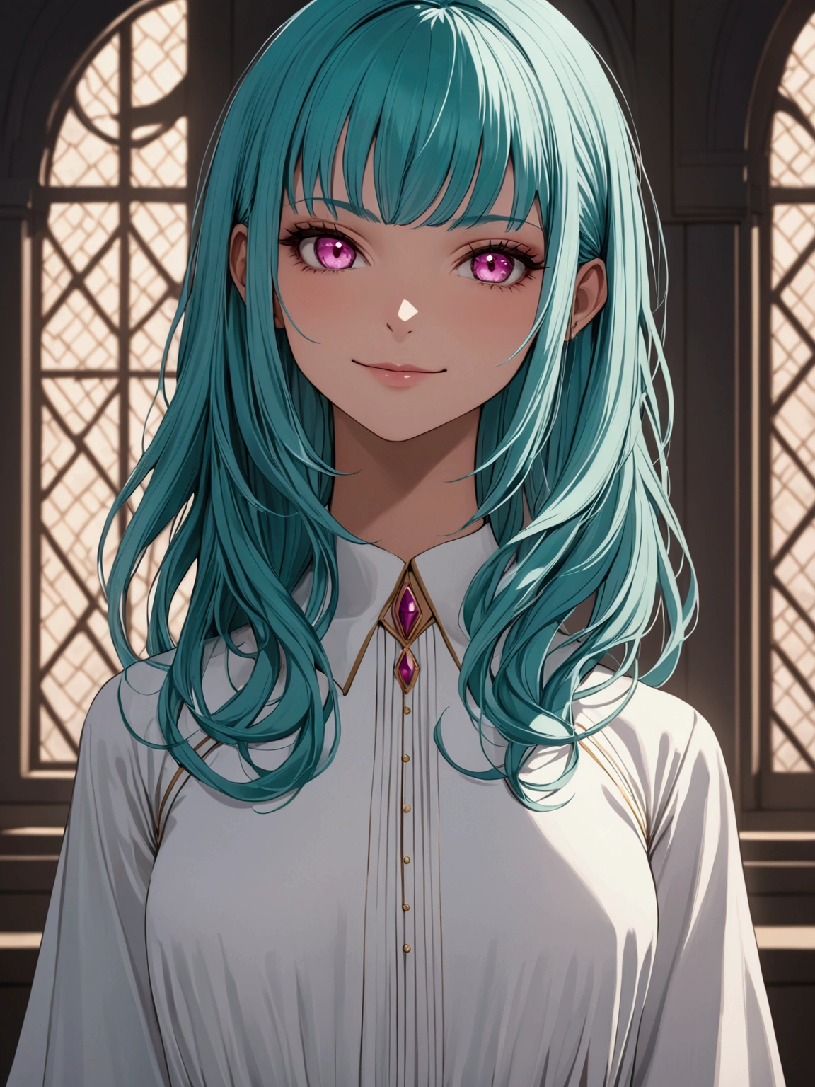 ((masterpiece)), ((best quality)), (from front, facing front), 1girl, solo, pink eyes, straight teal-colored hair, side bang, oversized white a-line dress, smirk
