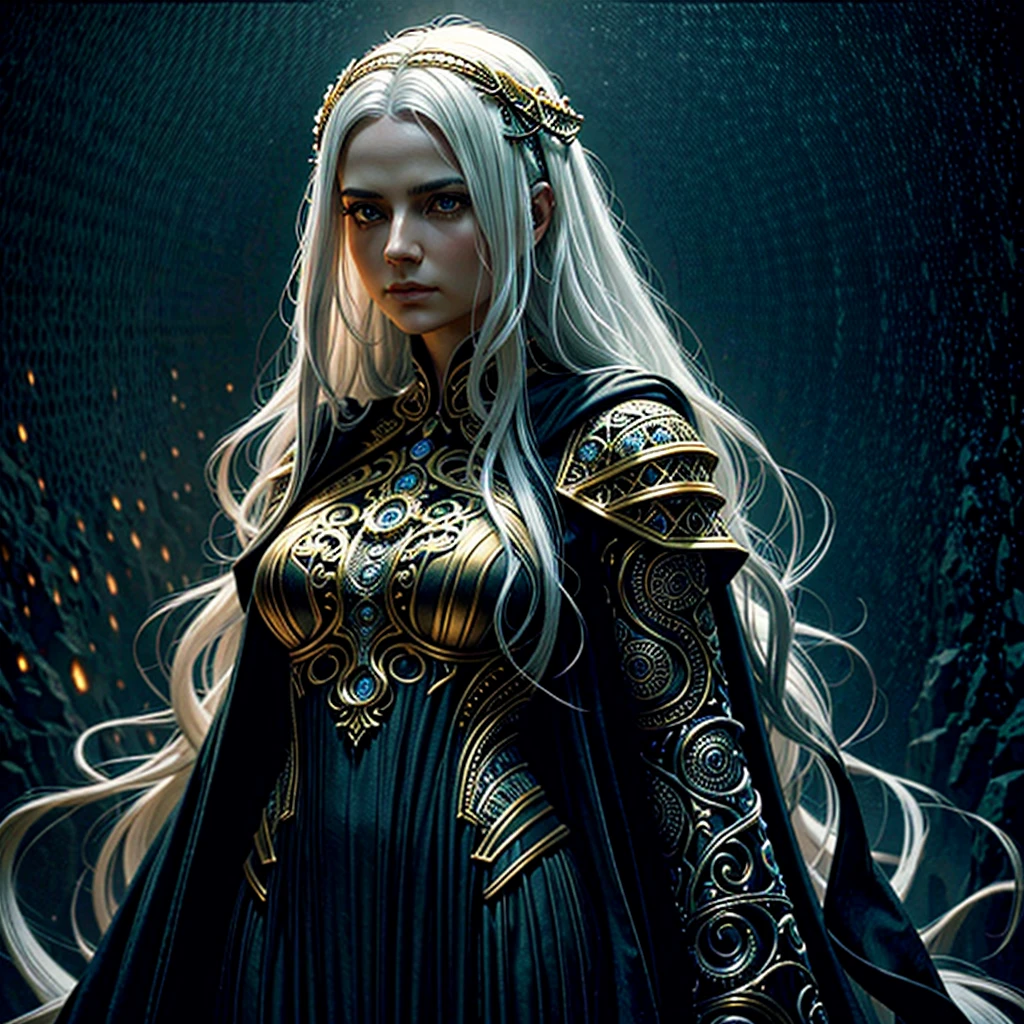 portrait, beautiful woman, white hair, ornate dress, (long hair in waves like smoke):0.85 , confident expression, detailed, 16k, sf, intricate artwork masterpiece, ominous, matte painting movie poster, golden ratio, trending on cgsociety, intricate, epic, trending on artstation, by artgerm, h. r. giger and beksinski, highly detailed, vibrant, production cinematic character render, ultra high quality model:1