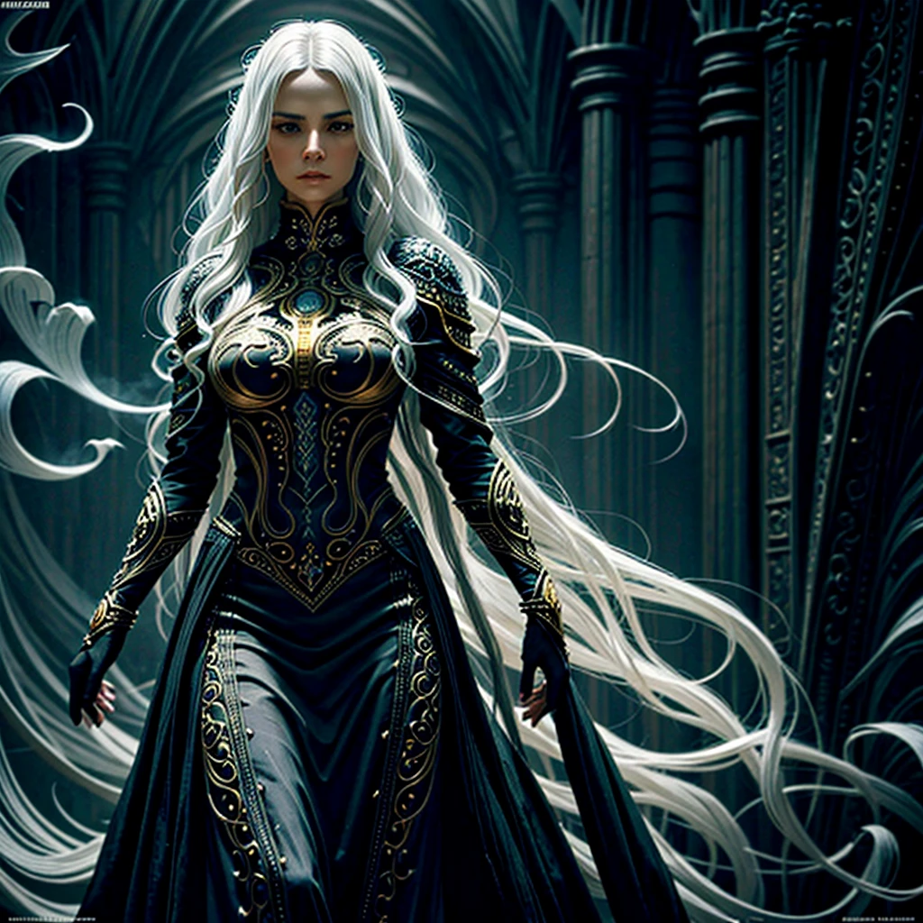 portrait, beautiful woman, white hair, ornate dress, (long hair in waves like smoke):0.85 , confident expression, detailed, 16k, sf, intricate artwork masterpiece, ominous, matte painting movie poster, golden ratio, trending on cgsociety, intricate, epic, trending on artstation, by artgerm, h. r. giger and beksinski, highly detailed, vibrant, production cinematic character render, ultra high quality model:1