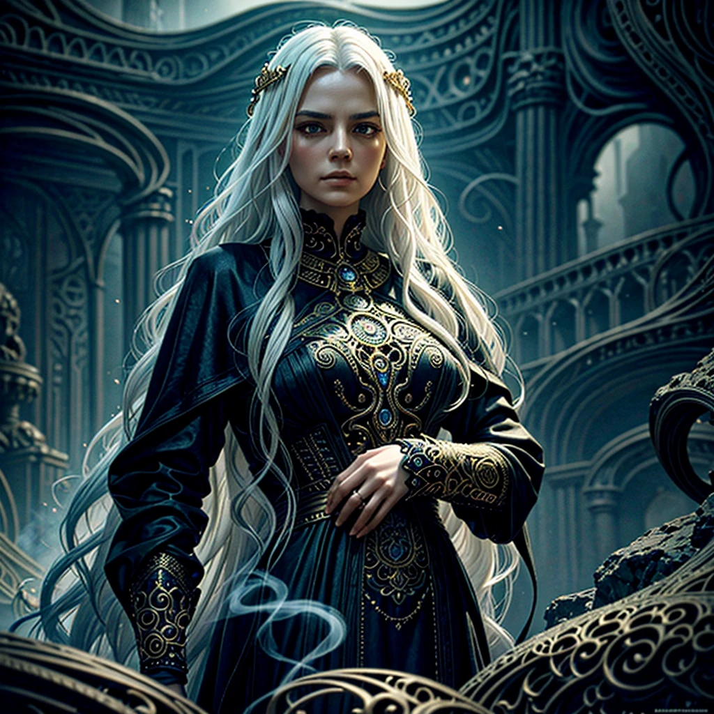 portrait, beautiful woman, white hair, ornate dress, (long hair in waves like smoke):0.85 , confident expression, detailed, 16k, sf, intricate artwork masterpiece, ominous, matte painting movie poster, golden ratio, trending on cgsociety, intricate, epic, trending on artstation, by artgerm, h. r. giger and beksinski, highly detailed, vibrant, production cinematic character render, ultra high quality model:1