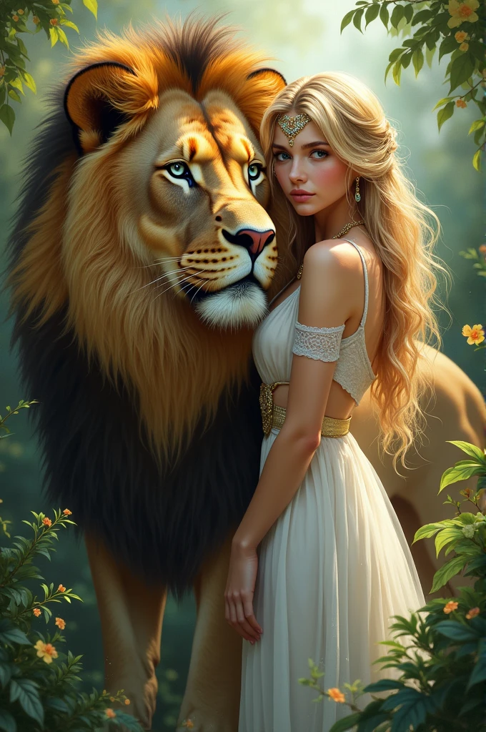 A beautiful blue eye girl stand next to lion