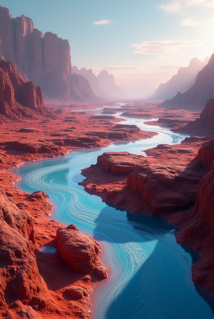 A vast, desolate Martian landscape, a stunning alien world where water flows across the red, rocky terrain, creating mesmerizing patterns and intricate formations. A serene, otherworldly scene, (best quality,4k,8k,highres,masterpiece:1.2),ultra-detailed,(realistic,photorealistic,photo-realistic:1.37),breathtaking Martian scenery, dramatic lighting, vibrant blues and reds, dramatic clouds in the sky, intricate rock formations, swirling water currents, mystical atmosphere, cinematic composition, awe-inspiring, hyper-realistic, concept art style, digital painting, matte painting, sci-fi, 8k, detailed, sharp focus, physically-based rendering, studio lighting.