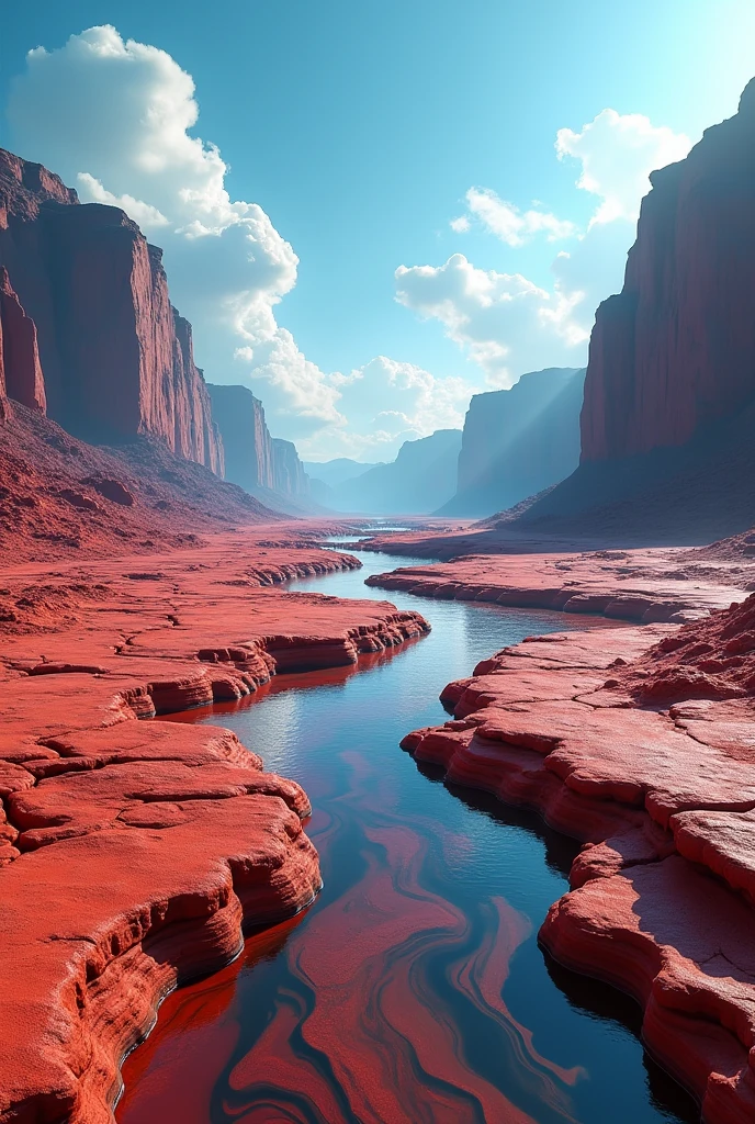A vast, desolate Martian landscape, a stunning alien world where water flows across the red, rocky terrain, creating mesmerizing patterns and intricate formations. A serene, otherworldly scene, (best quality,4k,8k,highres,masterpiece:1.2),ultra-detailed,(realistic,photorealistic,photo-realistic:1.37),breathtaking Martian scenery, dramatic lighting, vibrant blues and reds, dramatic clouds in the sky, intricate rock formations, swirling water currents, mystical atmosphere, cinematic composition, awe-inspiring, hyper-realistic, concept art style, digital painting, matte painting, sci-fi, 8k, detailed, sharp focus, physically-based rendering, studio lighting.