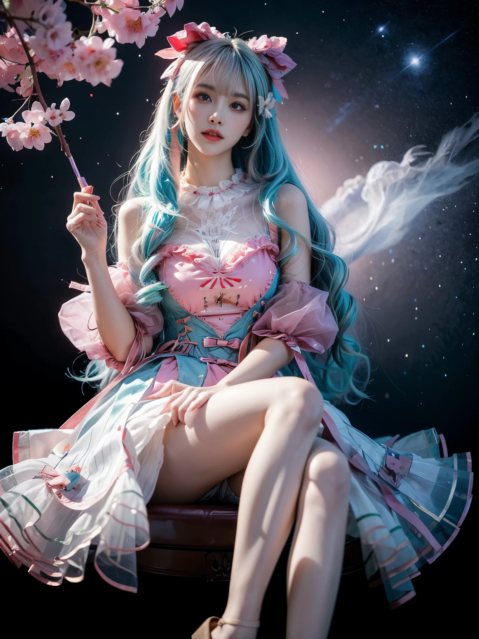 sweet_dress, ((whole body)), Multi-colored hair,Striped hair,Cross Bangs,Messy hair,Colored contact lenses,Flower-shaped pupil,make up,shy,Blush,Parted lips,Heavy breathing,moan,torogao,Surrealism,Realism,Movie Lighting,Relief,Sony FE GM,Retina,masterpiece,precise,Anatomically correct,Textured Skin,Super Detail,High Detail,best quality,Beautiful dance dynamics, Long legs , Random scenes,Random shooting angles, ((Flowing long hair))Official Art , ((Bright pastel colors)), Unity8k Wallpaper , Extremely detailed , Visible cleavage, Pretty and beautiful , Sexy long legs, masterpiece , best quality ,Practical, Very detailed illustrations ,Extremely detailed , Intricate details , Extremely complex and detailed , Very detailed 8KCG wallpaper , Caustics .reflection , Ray Tracing , Devil Theme ,nebula ,Dark aura, Network Effects , (1 Girl)Solitary , (Blue plasma flame , Pastel tones in Rococo style ,light white and light red , Incredibly beautiful , Cherry blossoms ,painting , Ethereal , Mixing reality and fantasy elements, Complex patterns , Delicate lines, Starry Sky , rich and colorful , Star