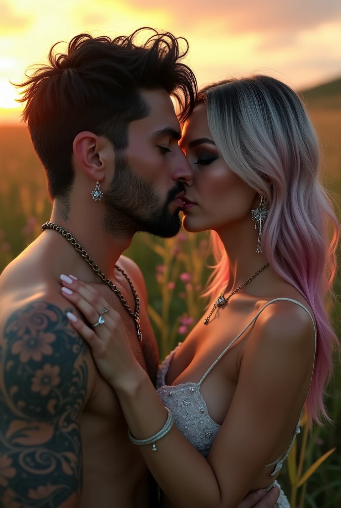 A distant view of two people kissing. A man with wet black hair, grey eyes, seductive look, full lips, tattoos y piercings besa a una mujer delicada con rostro de modelo, diamond-shaped eyes, Blue-gray, black eye shadow, seductive look, long black hair. with pink and white streaks, partition wall, earrings, tattoos, in a field sunset biting the ear, lips and hands on the neck and face. nudes