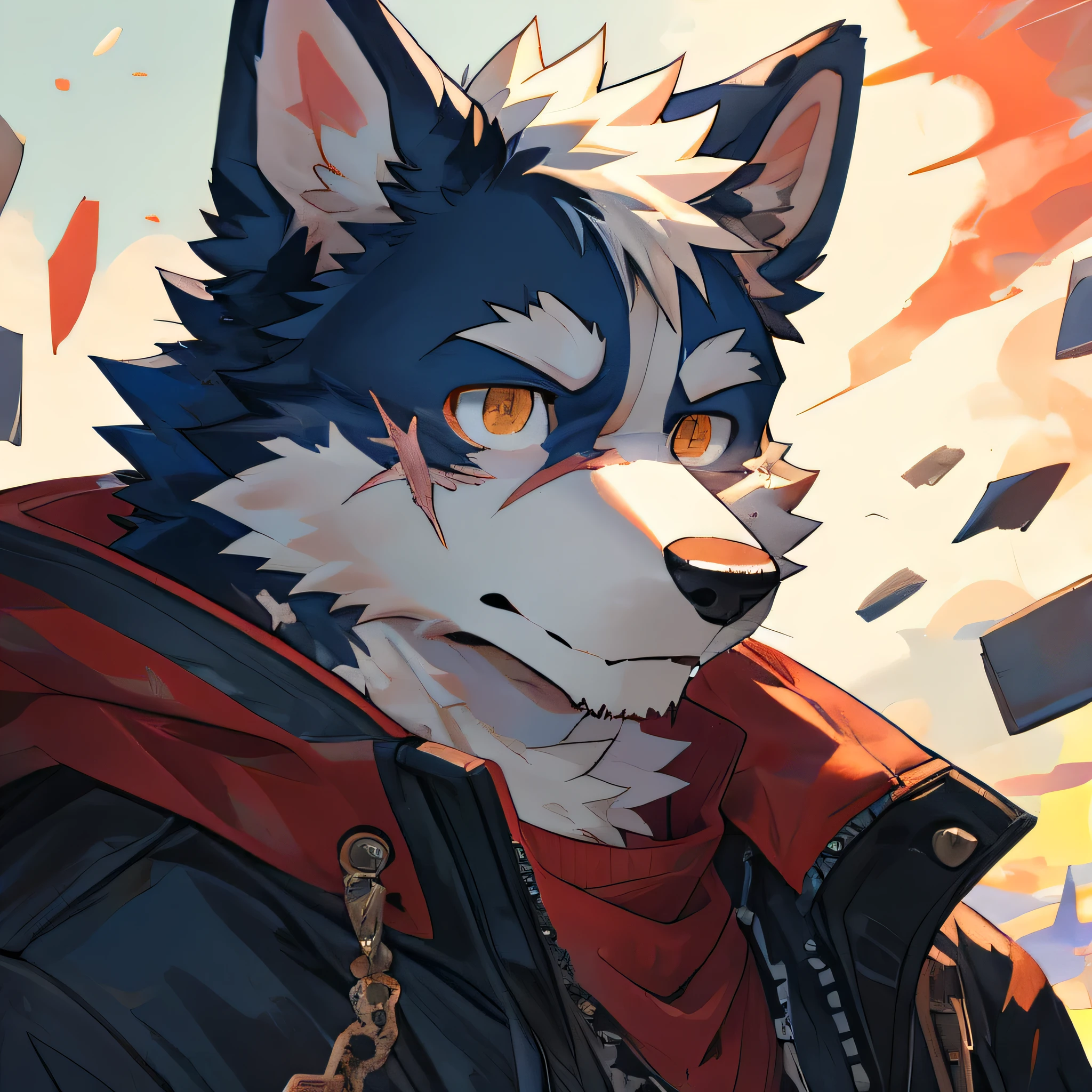 masterpiece,high quality,perfect anatomy,furry,anthro dog,border collie,male, niji5,brown pupils,bright eyes,broken sky,scar on face,detailed face,by kiyosan,close up face