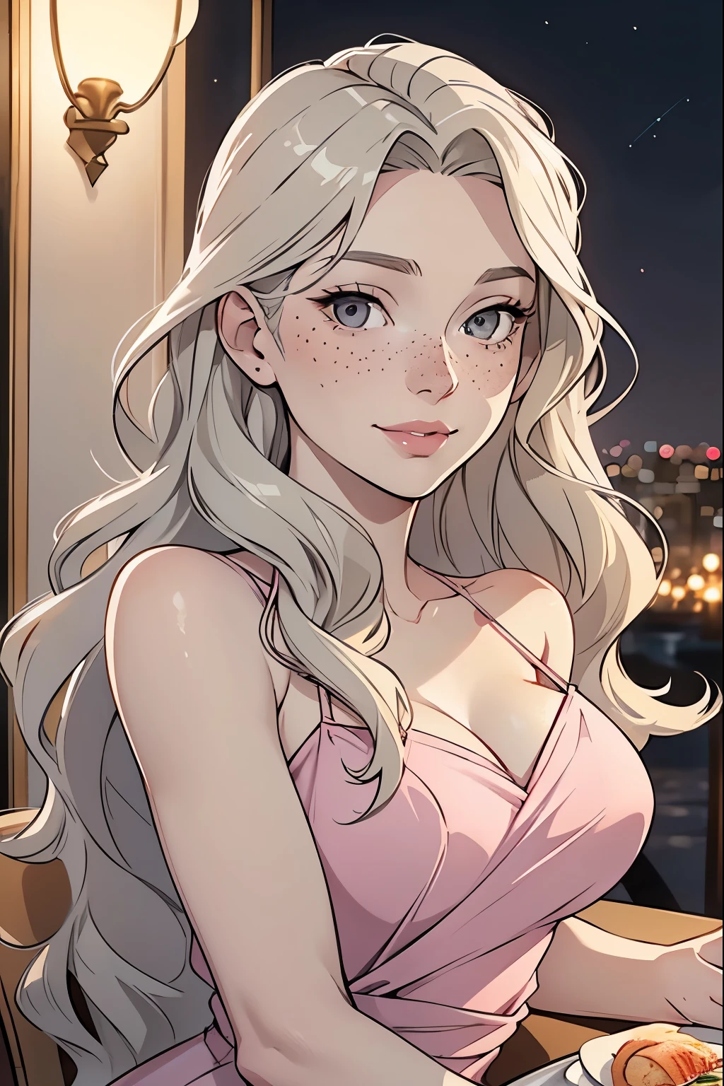 Face of a woman, americana, Age 25, pale skin and freckles, grey-eyed, Delicate nose, soft and delicate lips, Long Wavy Gray Blonde Hair, sweet smile, loose and full hair, wearing an elegant and sophisticated pink dress, at the Ritz restaurant at night