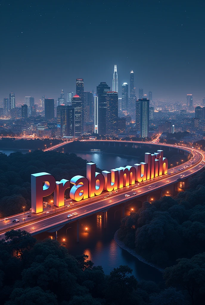 3d text "Prabumulih", backgroung lanscape city, night mode