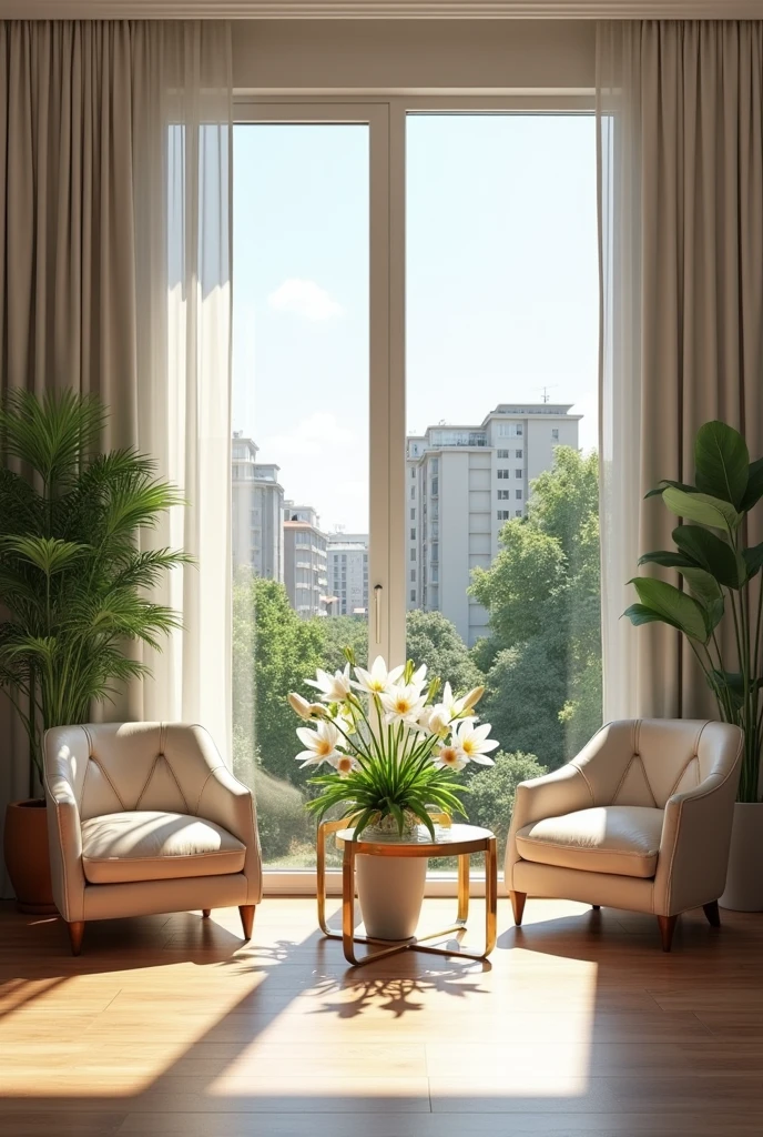 big modern apartment flat with sunshine, lilies in the middle, chester armchair and bergere, and Alsancak city view with apartments and trees