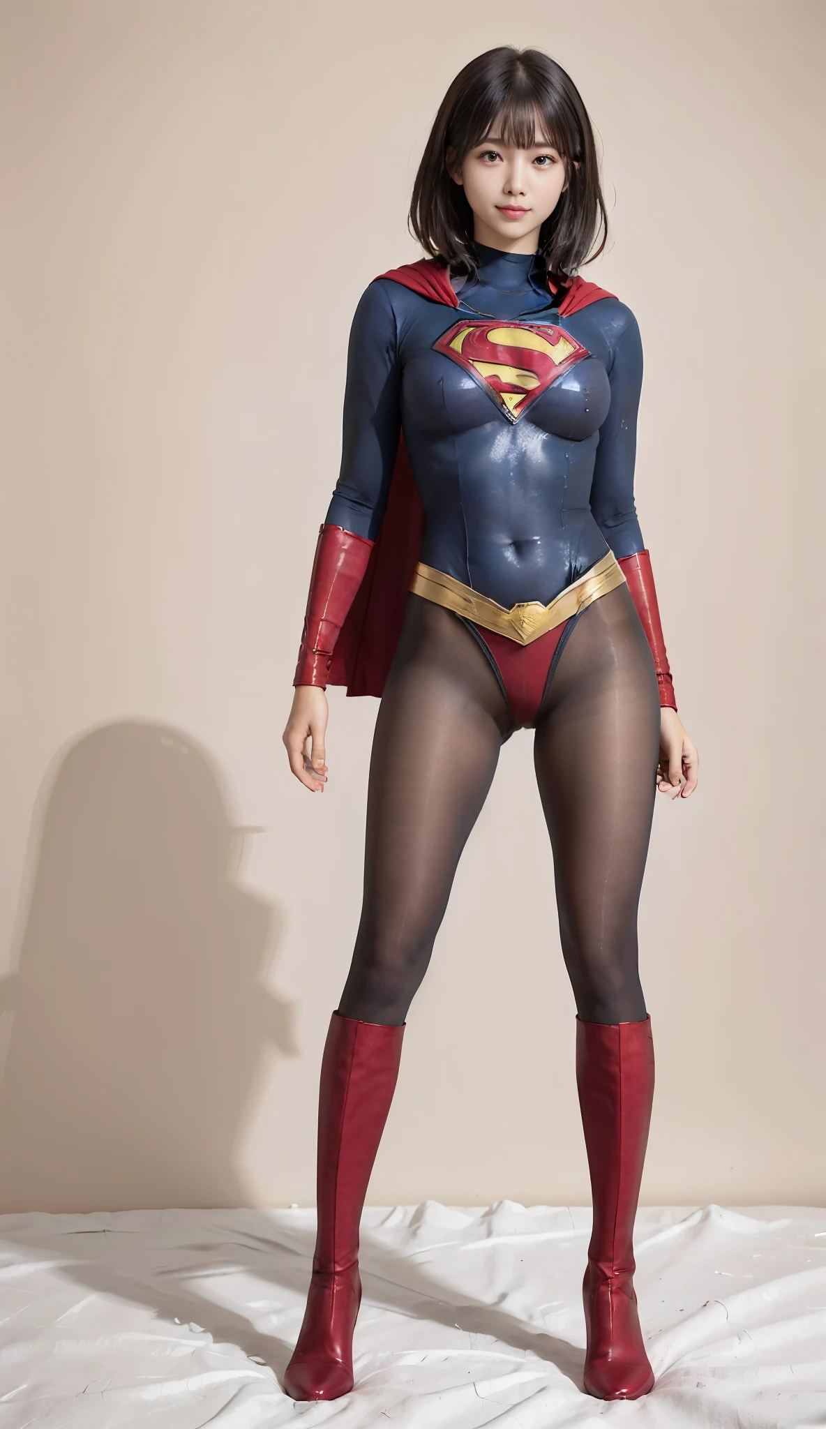 No background、(((Beautiful legs in black tights.)))、(((Legally express the beauty of your smile)))、((((Make the most of your original images)))、(((Supergirl Costume)))、(((Beautiful short bob hair)))、(((suffering)))、(((Please wear black tights....、Wear red boots)))、((Best image quality、8k))、((Highest quality、8k、masterpiece:1.3))、(((Preserve background )))、Sharp focus:1.2、Beautiful woman with perfect figure:1.4、Slim Abs:1.2、Wet body:1.5、Highly detailed face and skin texture、8k